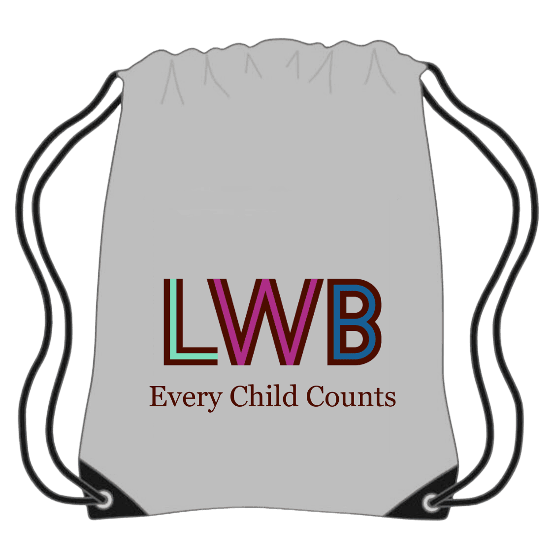 LWB's gray nylon drawstring backpack with black straps and metal grommets. LWB's teal, magenta, and blue logo and the text "Every Child Counts" are forefront.