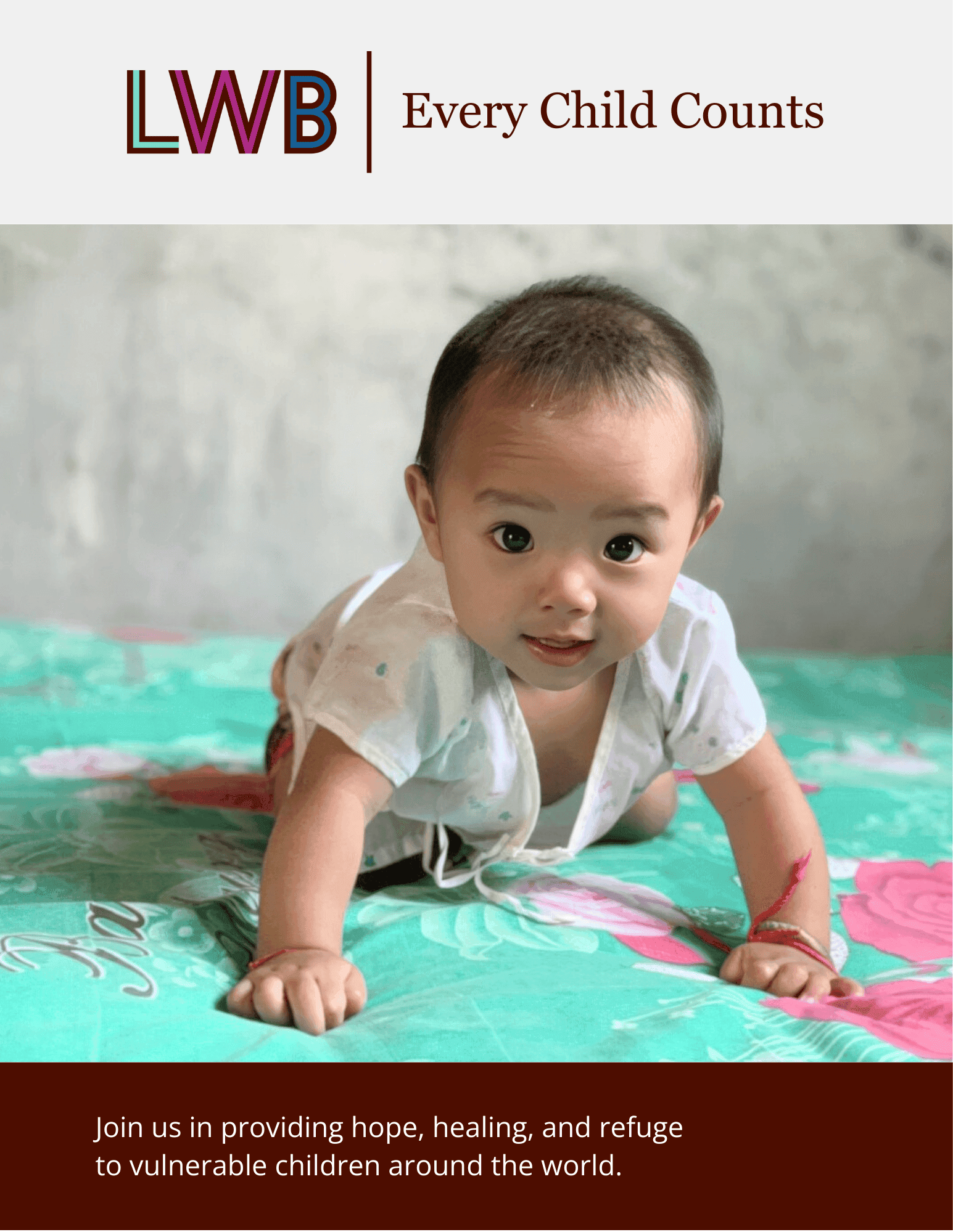 A Chinese baby with large round eyes is the focus of the LWB Donor Guide cover photo. On the top is LWB's logo and slogan, "Every Child Counts". 