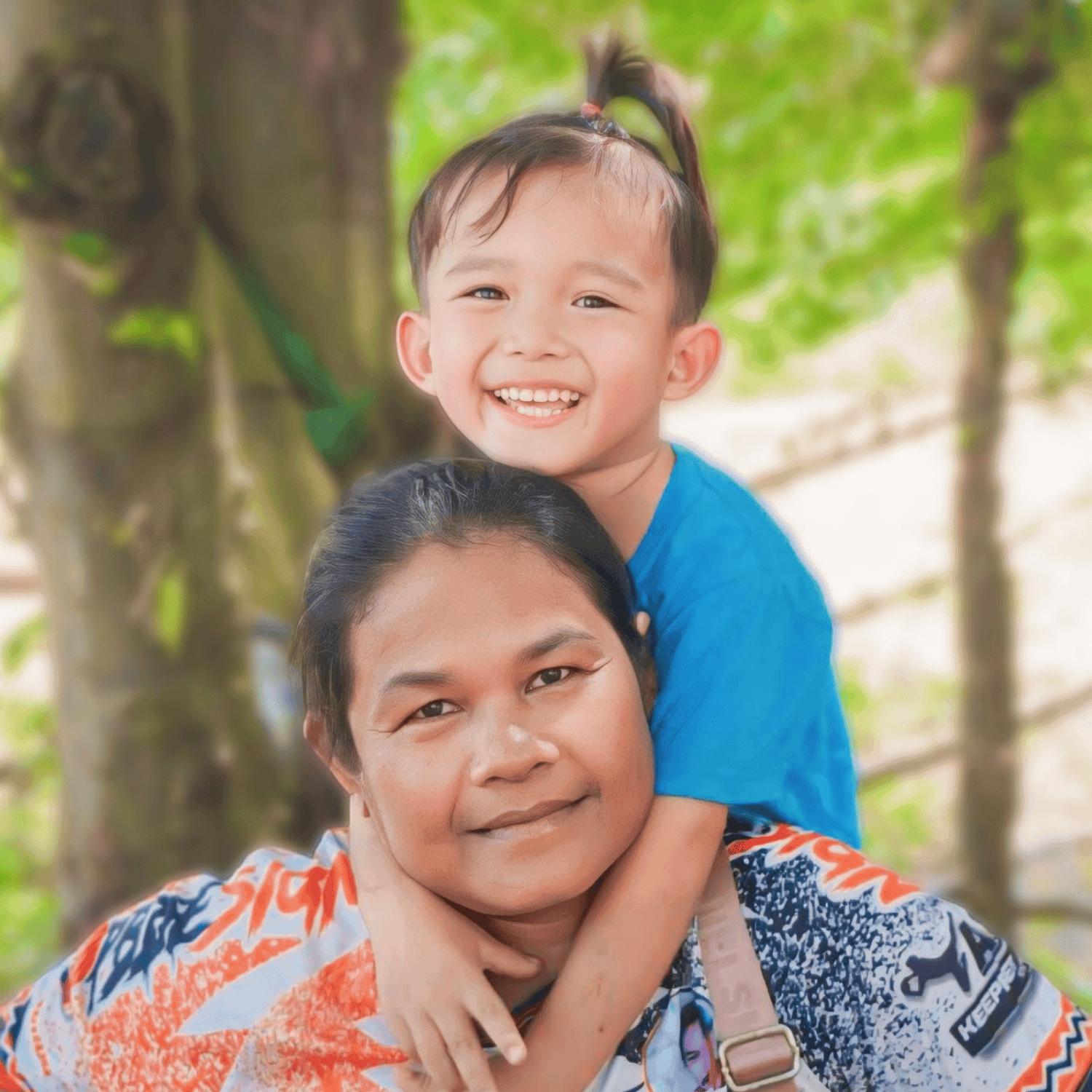 Larry's mother gives him a piggy back ride. They both are smiling.