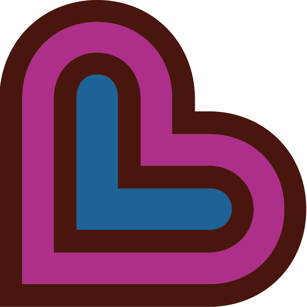 LWB's heart logo in blue, magenta, and brown